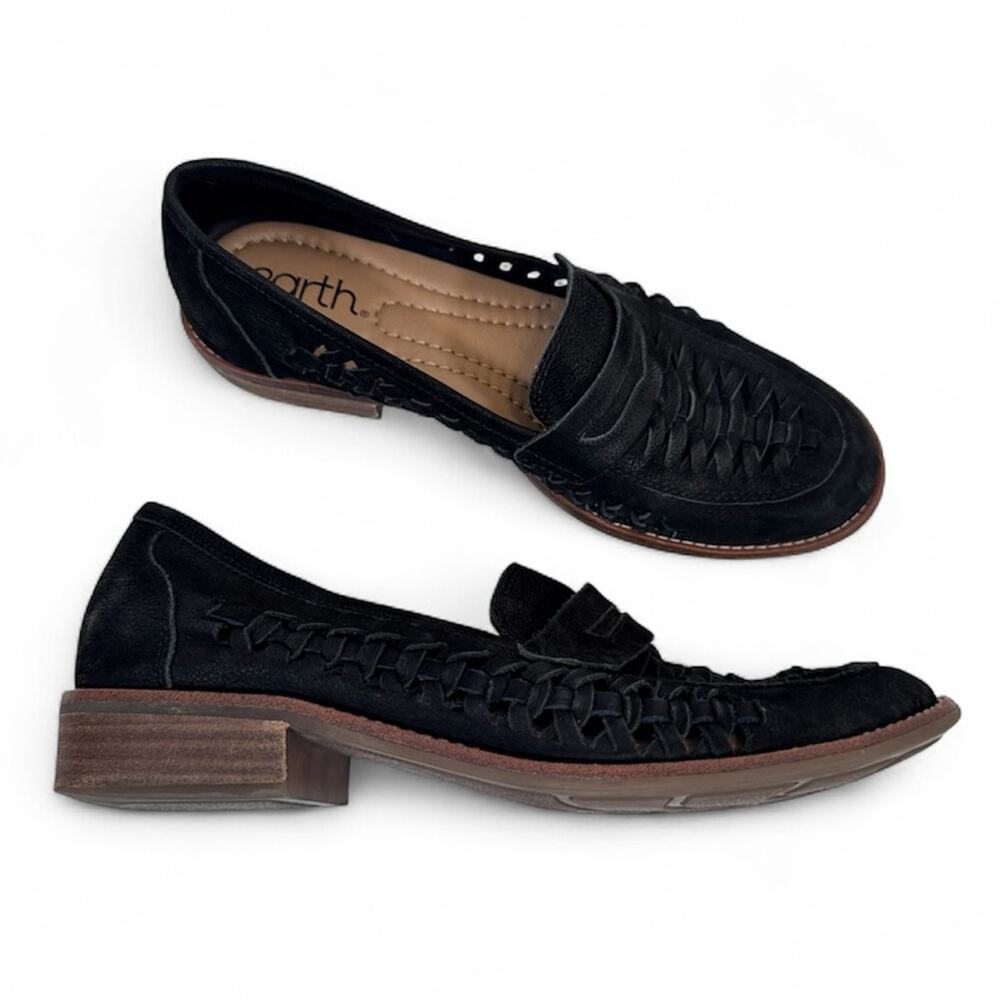 Earth Black Suede Leather Woven Loafers Womens 7 Classic Preppy Fall Flats Shoes